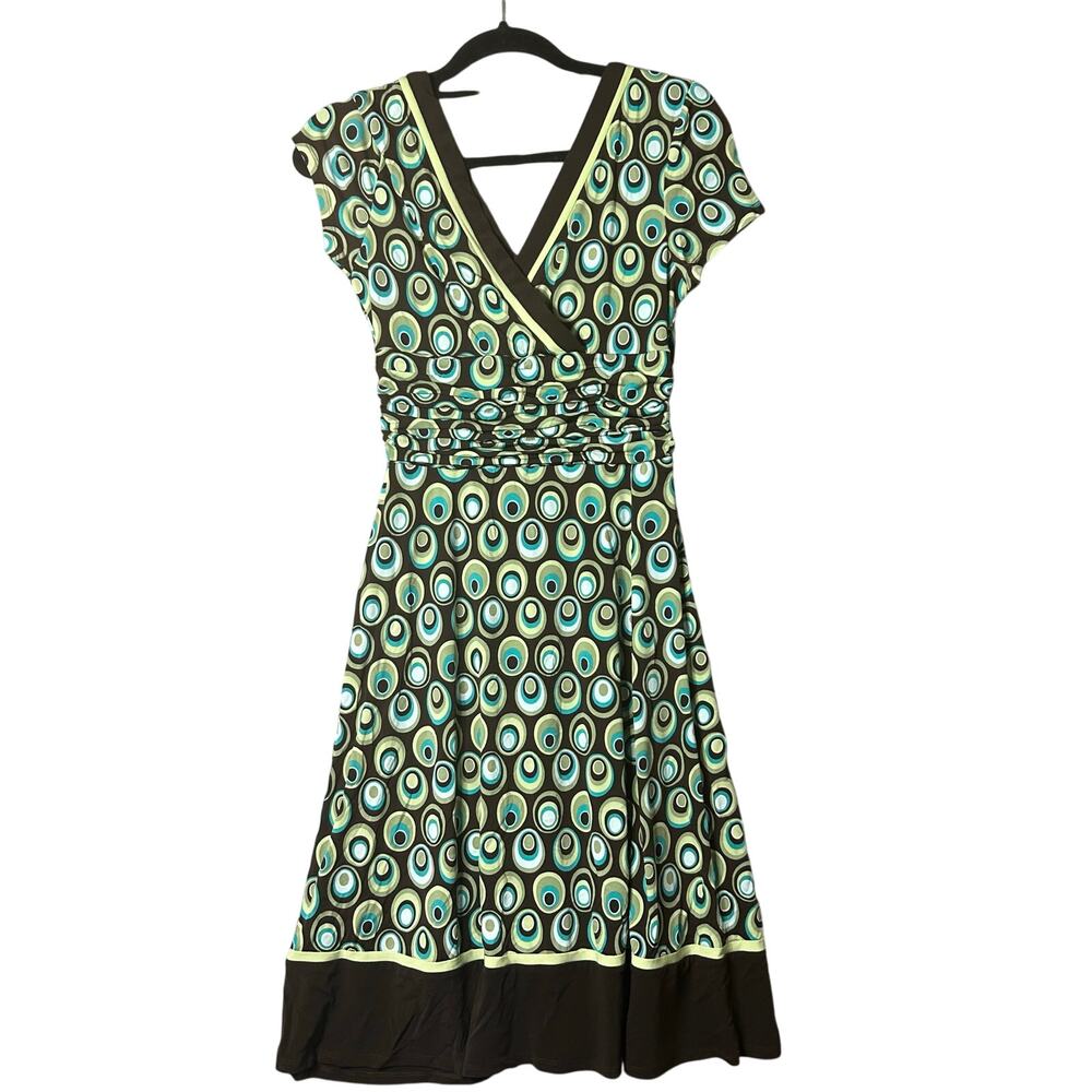 Studio I Dress Womens 8 Green Geometric Print Short Cap Sleeve‎ Career Casual